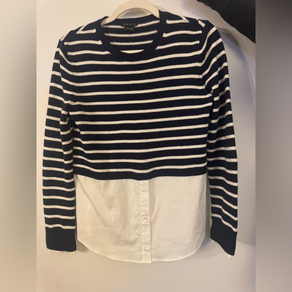 Theory Navy and White Striped Knit Top